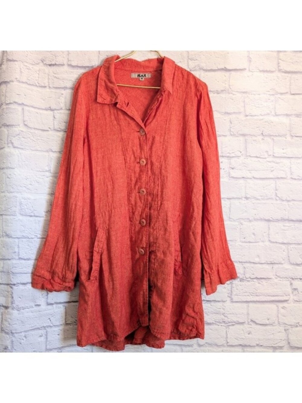 Flax Linen Jacket Tunic Top M Orange Button Down Blouse Pockets Langenlook Boho